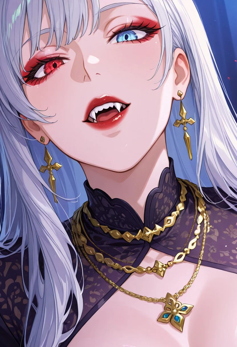 (8k resolution, absolute masterpiece, ultra detailed, best quality, masterpiece, colorful, highest detailed), (intricate details), (dynamic angle), Stunning illustration of Luminous Valentine,Heterochromia, red left eye, blue right eye ,vampire, long silver hair, bangs, earrings and elaborate necklaces, egyptian eyeliner, red lips, fangs, direct sensual gaze, erotic, sexy, close up, silhouetted in moonlight, detailed eyes<lora:add-detail-xl:-1.5>