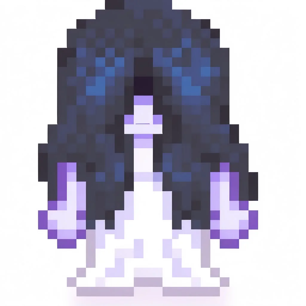 1girl, solo, pixel art, 16bit, front facing, full body, white background, simple background, ghost, black hair, hair covering eyes, white dress, theonryoxl