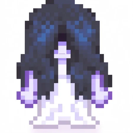 1girl, solo, pixel art, 16bit, front facing, full body, white background, simple background, ghost, black hair, hair covering eyes, white dress, theonryoxl