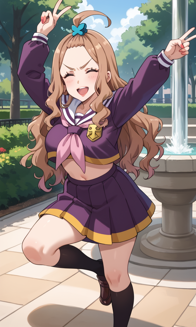 1girl, (solo:1.3), (score_9, score_8_up, score_7_up, score_6_up, score_5_up, score_4_up), (source_anime), rating_questionable, (full body:1.3), looking at viewer, 
, <lora:tm-ageha_v1:1> (tm-ageha), (brown hair, long hair, wavy hair, bangs pinned back, forehead, ahoge, hair ornament, purple eyes, lips, lipstick, makeup), (purple school uniform, sailor collar, long sleeves, neckerchief, midriff, navel, purple miniskirt, pleated skirt, fingernails, black socks, kneehighs, brown footwear, loafers), (large breasts), (v-shaped eyebrows:1.3), 
dancing, arms up, knee up, closed eyes, smile, open mouth,  park, garden, fountain