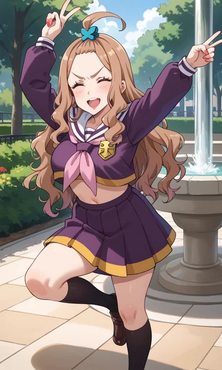 1girl, (solo:1.3), (score_9, score_8_up, score_7_up, score_6_up, score_5_up, score_4_up), (source_anime), rating_questionable, (full body:1.3), looking at viewer,
, <lora:tm-ageha_v1:1> (tm-ageha), (brown hair, long hair, wavy hair, bangs pinned back, forehead, ahoge, hair ornament, purple eyes, lips, lipstick, makeup), (purple school uniform, sailor collar, long sleeves, neckerchief, midriff, navel, purple miniskirt, pleated skirt, fingernails, black socks, kneehighs, brown footwear, loafers), (large breasts), (v-shaped eyebrows:1.3),
dancing, arms up, knee up, closed eyes, smile, open mouth, park, garden, fountain
