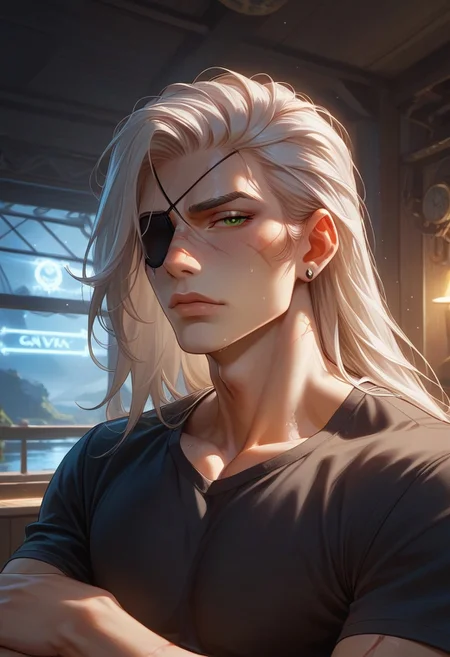 score_9, score_8_up, score_8_up, 1man, adult, athletic body, muscular, ((solo)), white pale athletic man, steampunk, semi closed eyes, sweating, panting, steamy, blushing, in love, white hair, ((long hair)), straight hair, green eyes, piercings, portrait, wearing a black tshirt, male body, perfect anatomy, ((athletic body)), fit body, night neon lighting, negative_hand, g0thicPXL, GTA, scars on face, scar on nose, scar on cheek, scar on chest, over the camera, inside a beautiful lake cave, blushing, scar on eye, wearing a black eye patch.