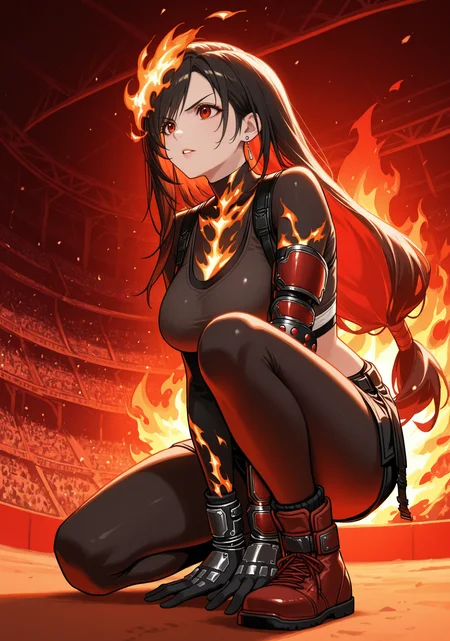 masterpiece, best quality, 1girl, solo, tifa lockhart, black hair, bangs, large breasts, LivingFlameIL.V1.0-female, fireelementalil, fire(theme), (fire hair:1.35), arena, audience, on one knee, full body, knee up, looking ahead, red eyes, low-tied long hair, hand between legs, arm support, v-shaped eyebrows, parted lips