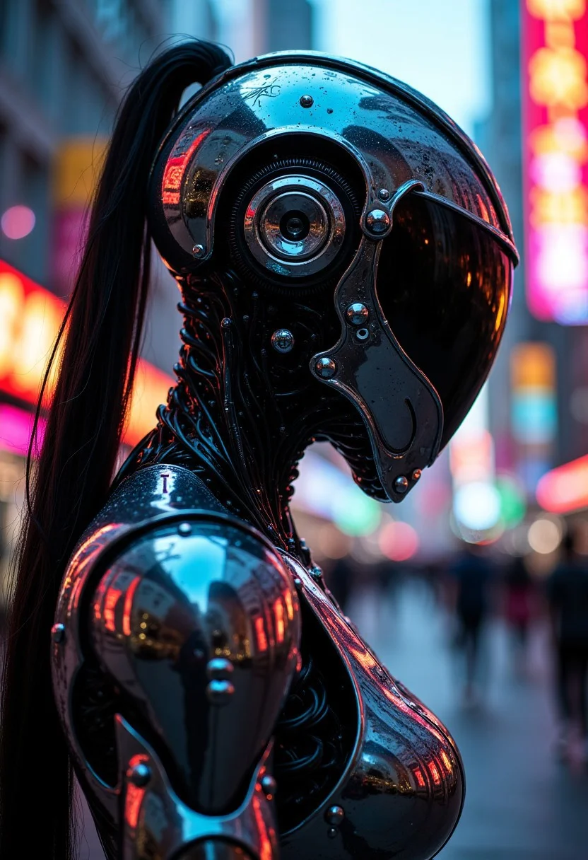 masterpiece, silhouette of a highly reflective sliver cyberpunk robot samurai woman, robot face with mirrored face shield, hyperdetailed helmet, her body reflecting a cyberpunk street scene of neon and bokeh, highest definition, HD32K, wallpaper, hyperdetailed, concept art