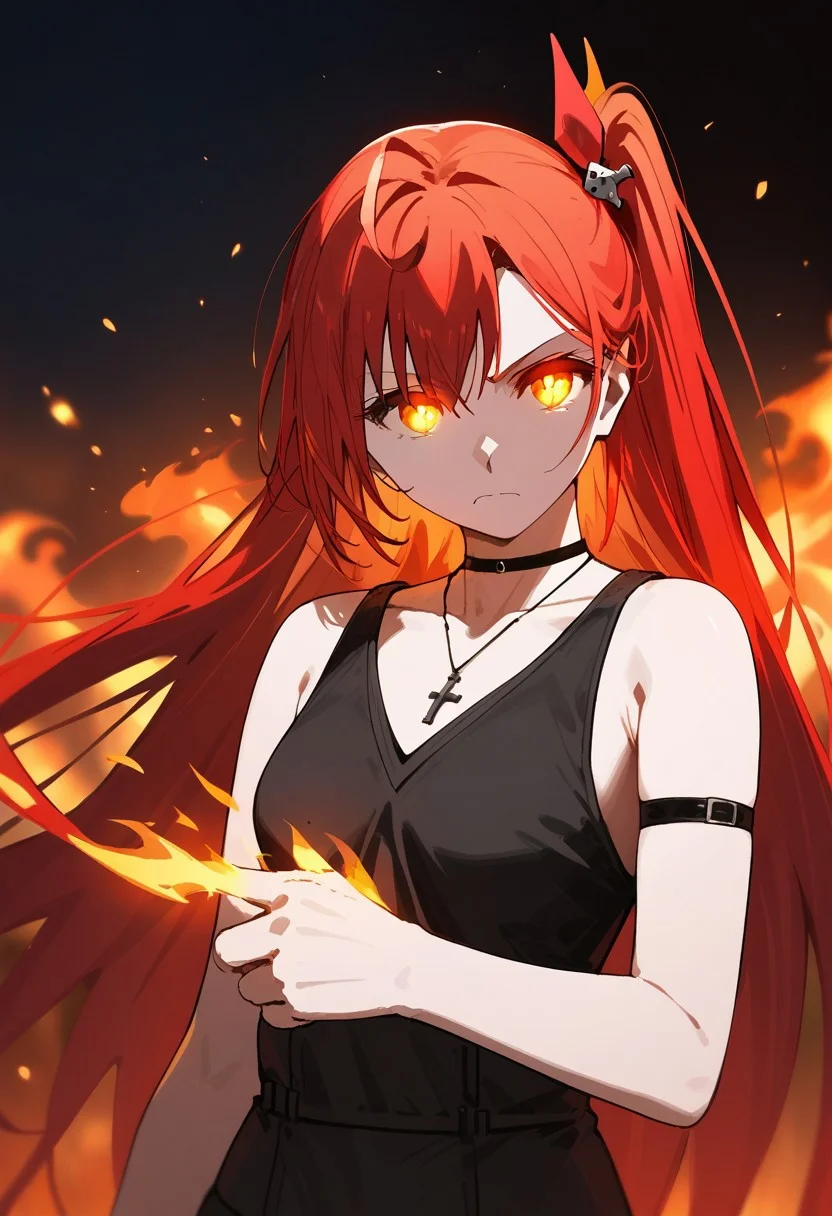 score_9, score_8_up, score_7_up, source_anime, LEOLESHEA (DRAGON GOD), 1girl, solo, long hair, breasts, looking at viewer, dress, jewelry, yellow eyes, red hair, sleeveless, choker, necklace, hand on hip, glowing, frown, one side up, cross, fire, glowing eyes
