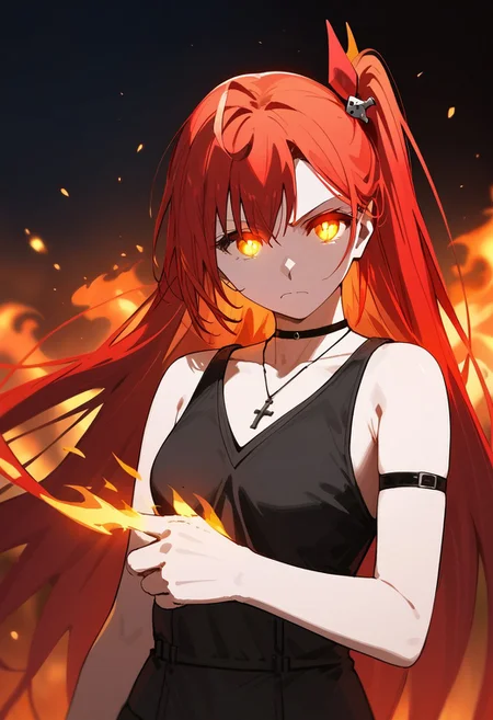 score_9, score_8_up, score_7_up, source_anime, LEOLESHEA (DRAGON GOD), 1girl, solo, long hair, breasts, looking at viewer, dress, jewelry, yellow eyes, red hair, sleeveless, choker, necklace, hand on hip, glowing, frown, one side up, cross, fire, glowing eyes