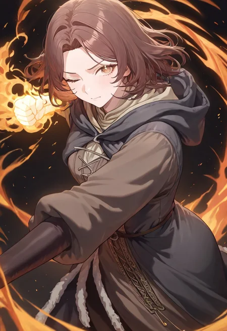 masterpiece, best quality, newest, absurdres, highres, FFILV1.0, flaming hand, flame, fire, 1girl, melina (elden_ring), one eye closed, brown eyes, brown hair, hood, hood down, one eye closed, parted hair,