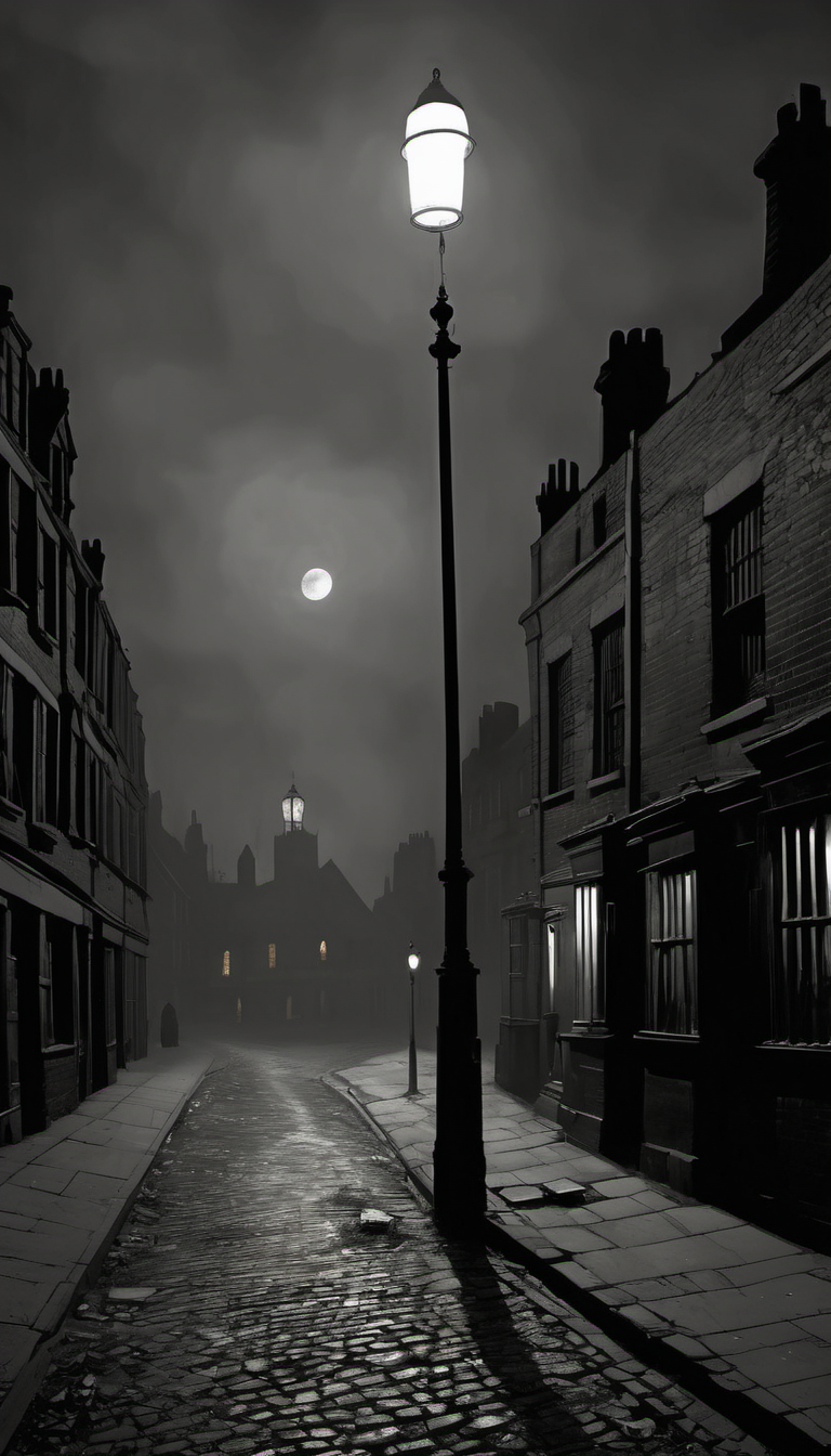 <lora:Everly_Heights_Backgrounds_New_Settings:.7> A Victorian London street at night during the Industrial Revolution with horror overtones.