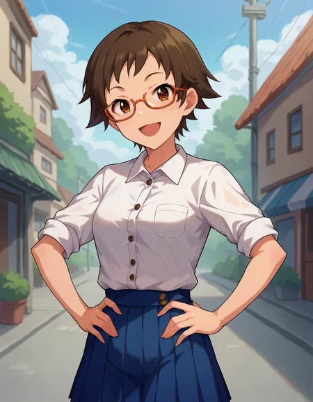 score_9,score_8_up,score_7_up,1girl,solo,cowboy shot,looking at viewer,smile,open mouth,outdoors,hands on hips,
<lora:kitagawamahiro_ponyXLV6:0.8>,cgkmh,brown hair,short hair,brown eyes,glasses,
white shirt,pleated blue skirt