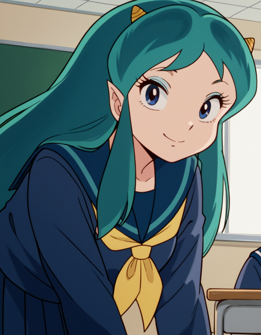 score_9, score_8_up, score_7_up, source_anime,
uruseilum, <lora:lum-class-studio-pierrot-ponyxl-lora-nochekaiser:1>
lum, long hair, bangs, blue hair, blue eyes, horns, pointy ears, aqua hair, oni horns, eyeshadow,
shirt, long sleeves, school uniform, serafuku, sailor collar, neckerchief, yellow neckerchief, shirt, blue shirt, blue sailor collar, blue skirt,
indoors, classroom, bent over, smile,
looking at viewer, dutch angle, cowboy shot, solo,