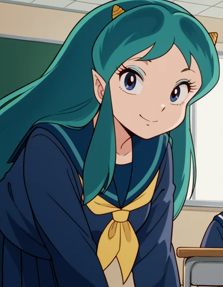score_9, score_8_up, score_7_up, source_anime,
uruseilum, <lora:lum-class-studio-pierrot-ponyxl-lora-nochekaiser:1>
lum, long hair, bangs, blue hair, blue eyes, horns, pointy ears, aqua hair, oni horns, eyeshadow,
shirt, long sleeves, school uniform, serafuku, sailor collar, neckerchief, yellow neckerchief, shirt, blue shirt, blue sailor collar, blue skirt,
indoors, classroom, bent over, smile,
looking at viewer, dutch angle, cowboy shot, solo,
