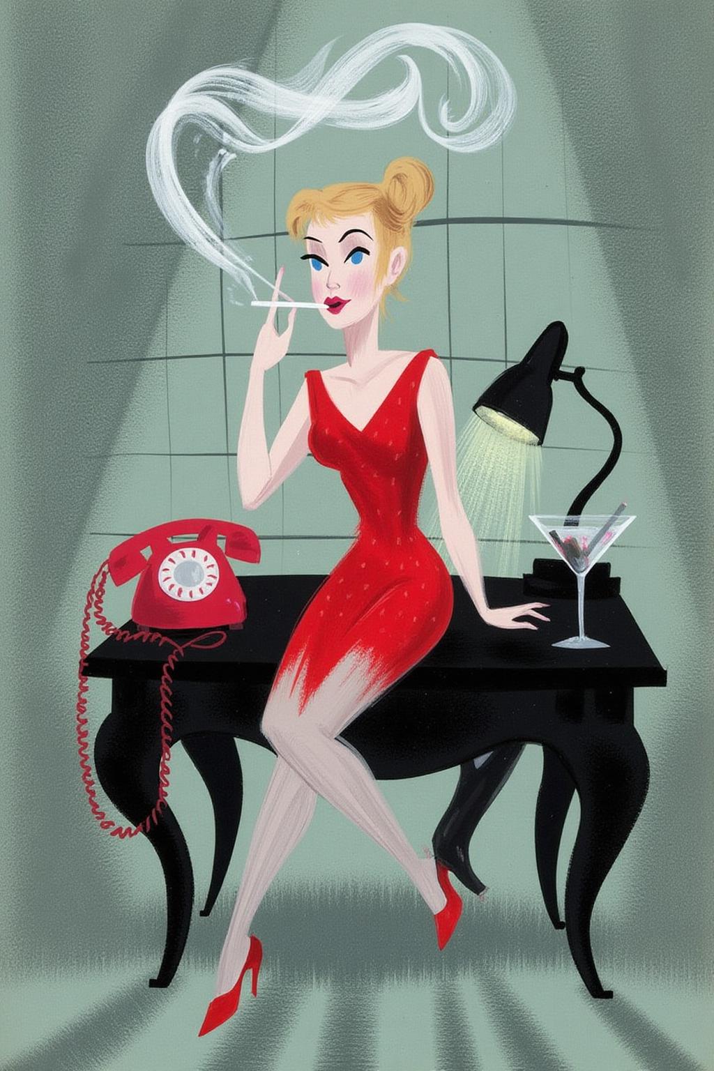 maryblair1 illustration.
A woman is sitting on a black desk. She is dressed in a red dress, stockings, and high-heeled shoes. She is holding a cigarette, with smoke rising above her. On the desk are a red rotary telephone, a desk lamp, and a martini glass. <lora:maryblair2_cap_d8a4:1.0><lora:846225062878016869:0>