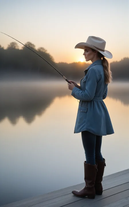 (Layered Depth, Parallax Effect, Soft focus foreground:1.3),surreal,(detailed landscape:1.1),(whimsical atmosphere:1.1),(powerful energy:1.1), (cowboy shot, solo focus, cinematic photoshoot of perfect seductive young woman Fishing at the End of a Tranquil Pier:1.3), peaceful pier extending into a glasslike lake, reflecting a pastel sunrise, while a lone figure fishes in harmony with the stillness of the morning.