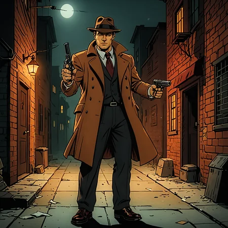 nightime shot of film noir detective brandishing his gun in a dark menacing alley <lora:add-detail-xl:1> <lora:Cartoon_SDXL_V2-fixed:1> cartoon, flat colors, vivid colors