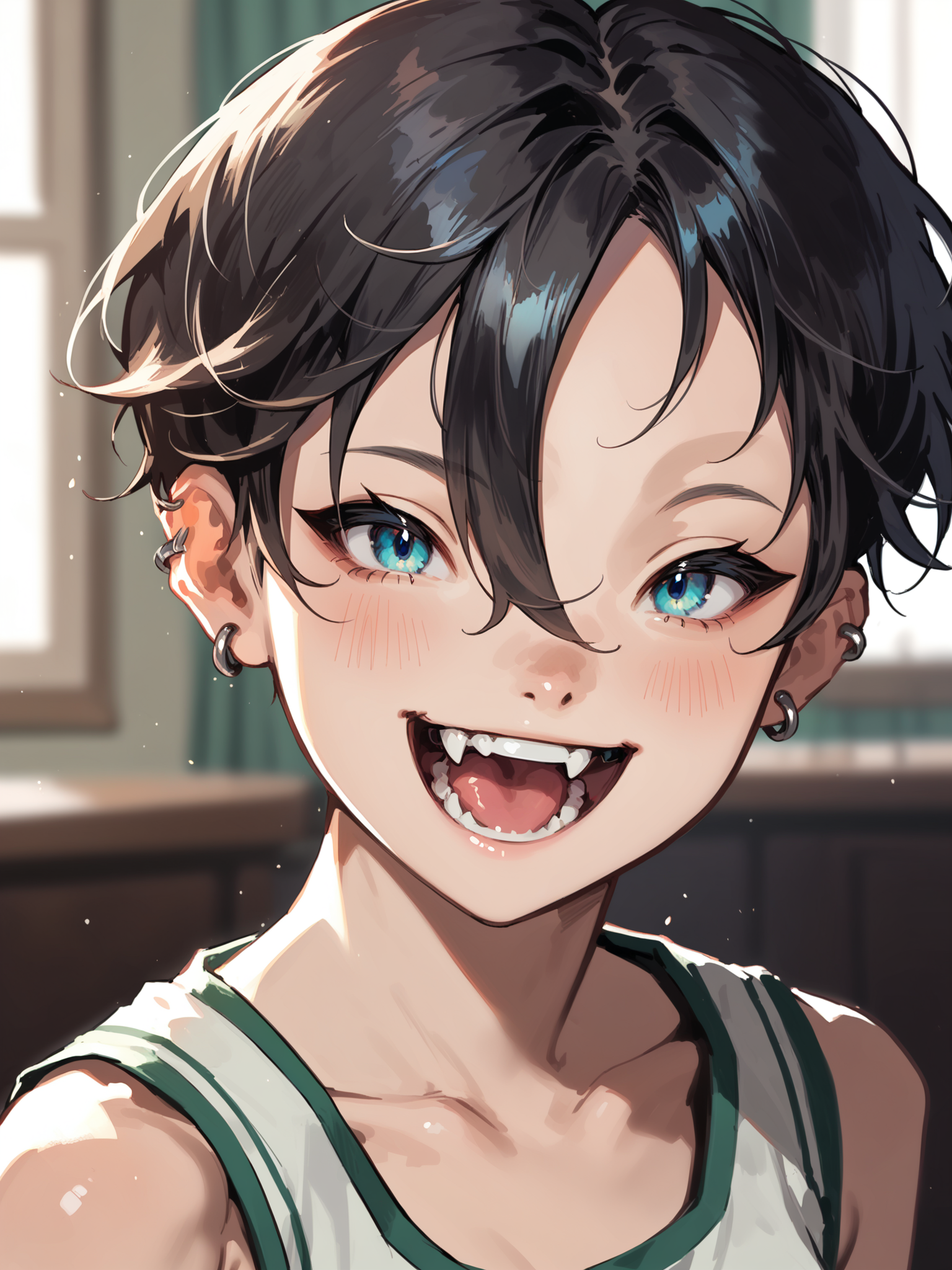 <lora:happy_tentacle-netsureina-v0.1:0.9>, ht_netsureina, ear piercing, small breasts, blue eyes, black hair , smile, open mouth, indoors, upper body, 1girl, (petite:1.2), solo focus, (looking at viewer:1.1), , (depth of field:0.8), , [(realistic, photorealistic:1.1):(realistic:1.3):22], [(3d:1.2)::10], <lora:LUUNA's Lunas-NijiJourney-SDXL-B2:0.6>, nijijourney, <lora:prgfrg23's Counterfeit-V3.0 Style SDXL_LoRA_Pony Diffusion V6 XL:0.3> <lora:Shed_The_Skin's StS_age_slider_v1_initial_release:-1.2>, score_9, score_8_up, score_7_up, score_6_up, score_5_up, score_4_up