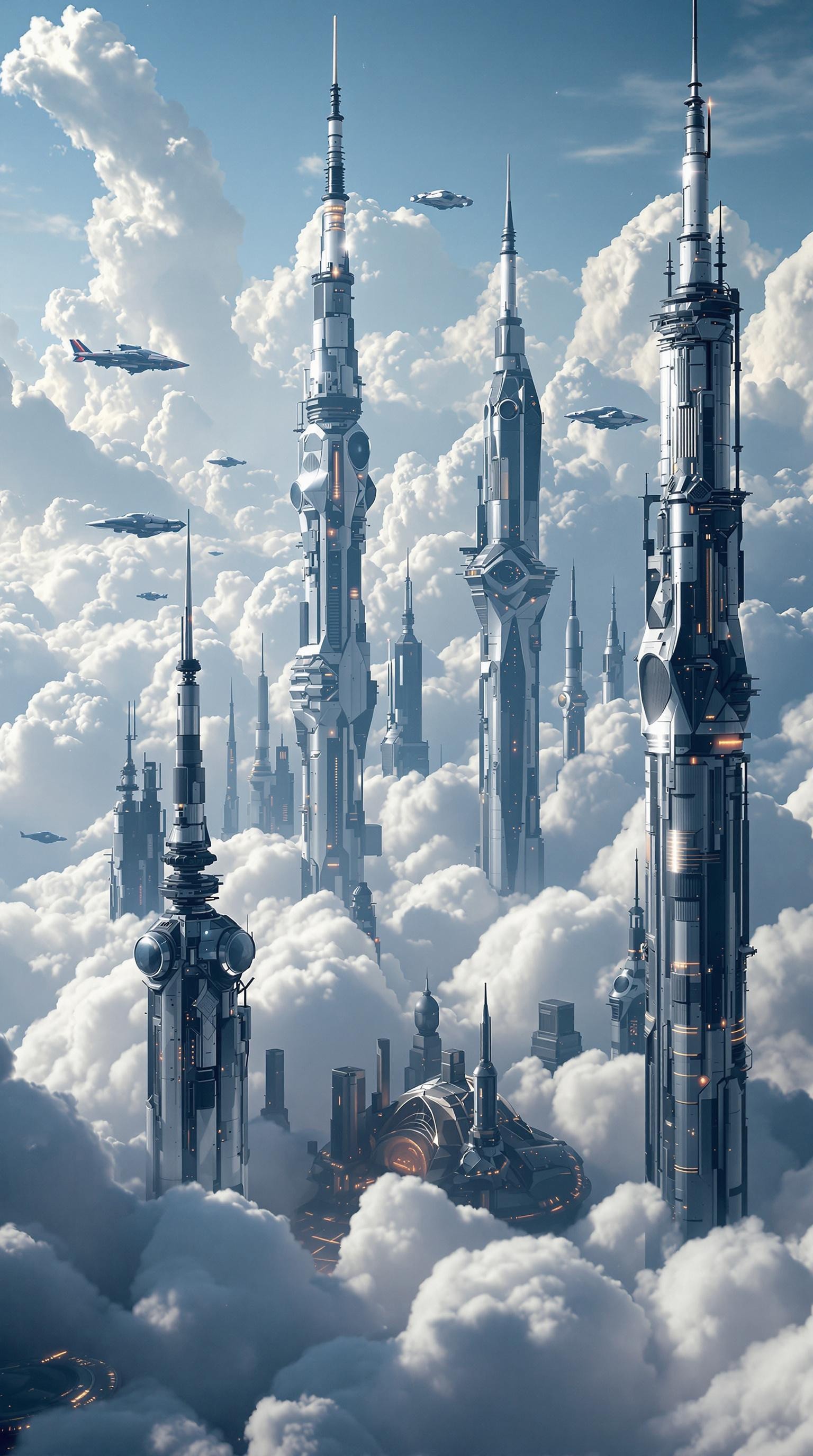 A stunning futuristic city floating in the clouds. Glass towers with spires floating in the sky. Sci-fi vibes. Flying spaceships in the clouds. Futuristic. Solarpunk. Surrounded by fluffy clouds. intricate details, beautifully shot, perfect composition, high contrast, cinematic, atmospheric, moody,