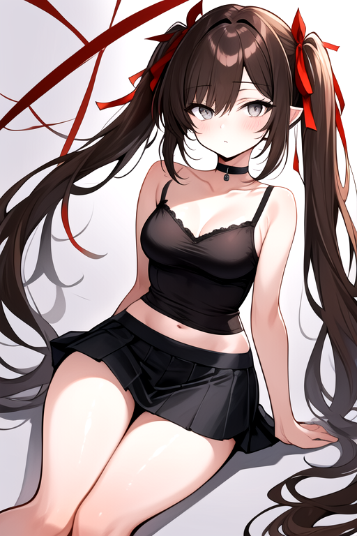 masterpiece, best quality,  <lora:Kra_SD:0.8> k'ra, grey eyes, brown hair, twintails, red ribbons, black camisole, short black skirt