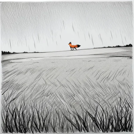 masterpiece, best quality, 32k, high resolution, absurdres, HD32k, masterpiece, extremely detailed, cute face, detailed eyes,Ssktcctch, traditional media, norman rockwell,Sk1c Style, Sketch,halftone, high contrast,
(red fox), red fox walking in plains, scenery, wide angle, from side, heavy rain, thunder in background,