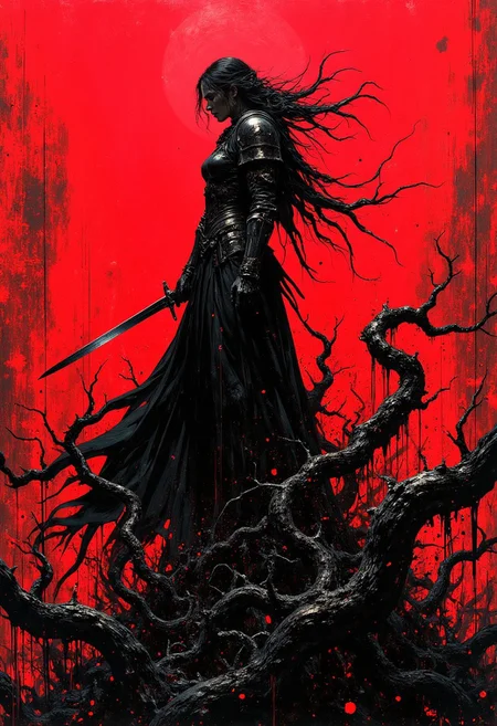 mythp0rt, A dark, armored female warrior standing atop a swirling mass of black, liquid-like tendrils erupting in chaotic motion. She wields a sleek, menacing blade in one hand, her body leaning forward in a dynamic and aggressive pose. Her flowing cloak and braided hair whip through the air, blending into the tendrils as if consumed by the darkness.
The background is a vivid, blood-red void, splattered and textured with chaotic patterns, contrasting sharply against the inky black tendrils and her silhouette. The scene has a painterly, high-contrast aesthetic, with dripping, splattered textures adding an ominous, abstract feel. High detail, cinematic lighting, dark fantasy, and surreal horror vibes.