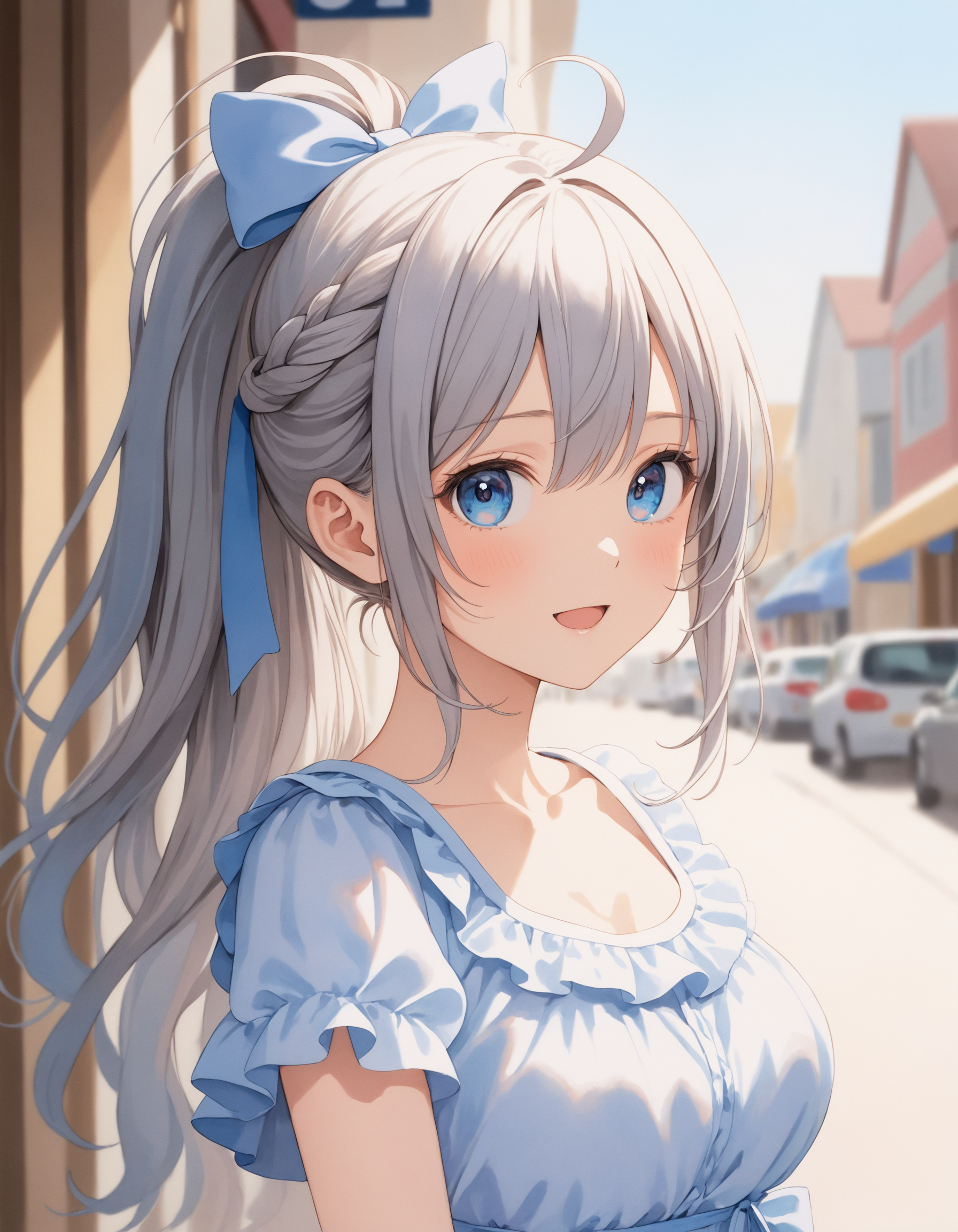 SceneDescription:
  - Composition: Portrait. Face focus. Shooting from front.
  - Subject: A cute girl.
    - Characteristics:
      - Face: (Cute round face:1.1).
      - Eyes: Detailed dark-blue eyes.
      - Hair: Long wavy high (ponytail:1.2) with big ribbon hair ornament, (gray hair), (gray inner hair), left side french braid, ahoge and hair between eyes.
      - Body: Detailed slender body. Large breasts.
      - Clothing: White ruffled dress, short sleeves and layerd skirt.
      - Expression: Amused expression. Open mouth.
      - Posing: (Arms behind back:1.2). Head tilt. Looking at viewer.
  - Background: Fashionable cafe street.
    - Elements: Blue sky view.
Time: Daytime.
Lighting: (Natural lighting:1.4).
ArtStyle: Watercolor. Traditional media. Blurry. Pale pastel colors.
Quality: Intricate details. Extremely detailed. Outstanding intricacies. (Masterpiece:1.2). (Best quality:1.2). (Absurdres absolutely resolution:1.4).
Mood: Pastel atmosphere.
<lora:flat_sdxl:0.2>