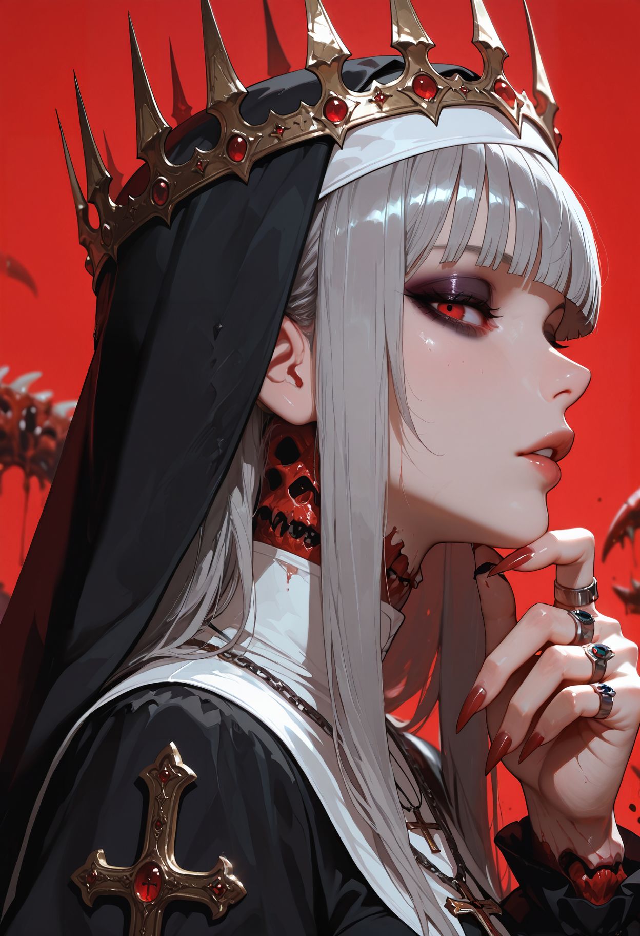 masterpiece, best quality,  very aesthetic, absurdres, newest, depth of field,realistic, goth girl  <lora:gothic_niji_style_ilxl_goofy:0.8>
1girl, sharp fingernails, red background, habit, profile, nun, jewelry, looking at viewer, from side, crown, simple background, parted lips, upper body, grey hair, cross necklace, blunt bangs, long fingernails, red nails, ring, eyeshadow, makeup, multiple rings, bone, blood, hand on own chin, cursed flesh