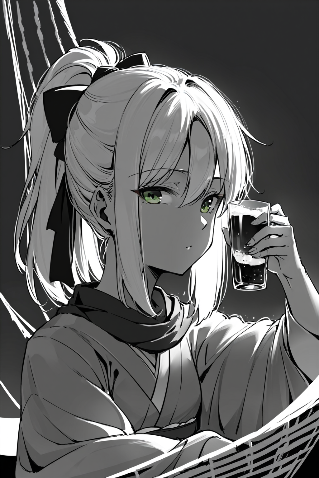 score_9, score_8_up, score_7_up, okita souji \(fate\), black scarf, blonde hair, double-parted bangs, green eyes, hair between eyes, haori, japanese clothes, kimono, medium hair, ponytail, scarf, sidelocks, solo, solo focus, portrait, simple background, black background, monochrome, greyscale, dark  Lounging on a hammock, holding a cold drink, and basking in the sun., spot color, <lora:dblack:1>
