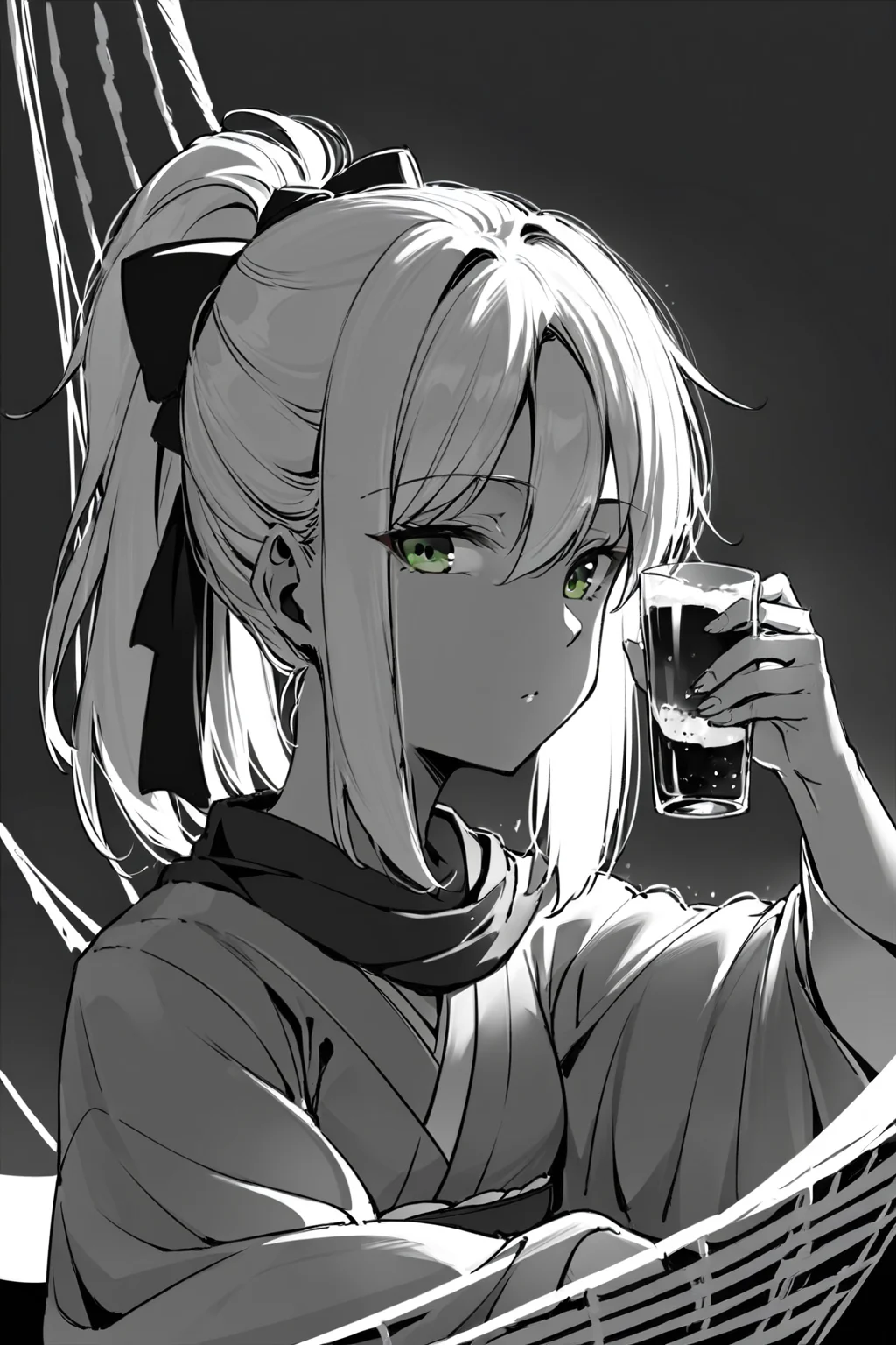 score_9, score_8_up, score_7_up, okita souji \(fate\), black scarf, blonde hair, double-parted bangs, green eyes, hair between eyes, haori, japanese clothes, kimono, medium hair, ponytail, scarf, sidelocks, solo, solo focus, portrait, simple background, black background, monochrome, greyscale, dark  Lounging on a hammock, holding a cold drink, and basking in the sun., spot color, <lora:dblack:1>