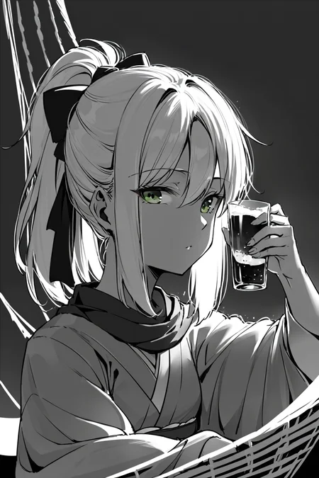 score_9, score_8_up, score_7_up, okita souji \(fate\), black scarf, blonde hair, double-parted bangs, green eyes, hair between eyes, haori, japanese clothes, kimono, medium hair, ponytail, scarf, sidelocks, solo, solo focus, portrait, simple background, black background, monochrome, greyscale, dark Lounging on a hammock, holding a cold drink, and basking in the sun., spot color, <lora:dblack:1>