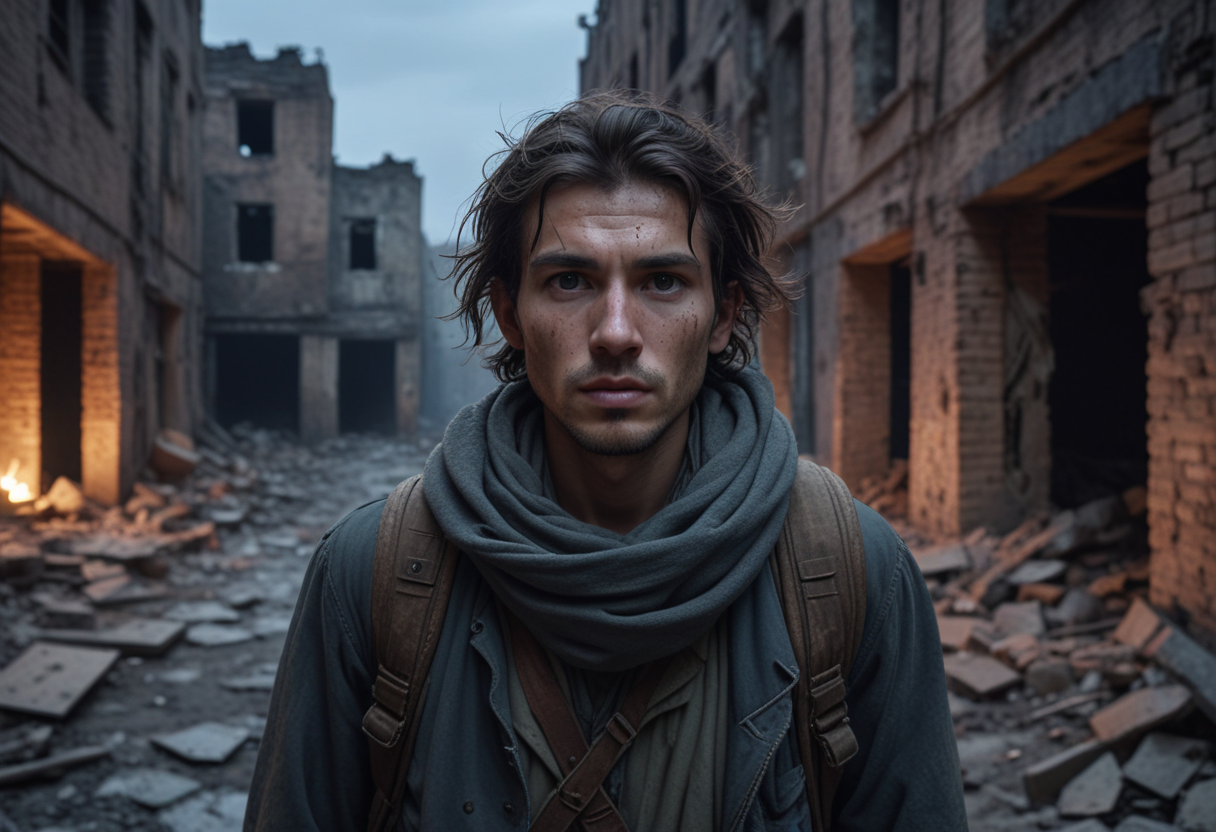 (medium full shot) of (medium shot ) of wandering nomad seeking refuge, detailed face, located in a ruined world at a decayed warehouse during twilight with windy weather, illuminated by dim light, creating a desolate atmosphere, Masterpiece,best quality, photo, realistic, very aesthetic,