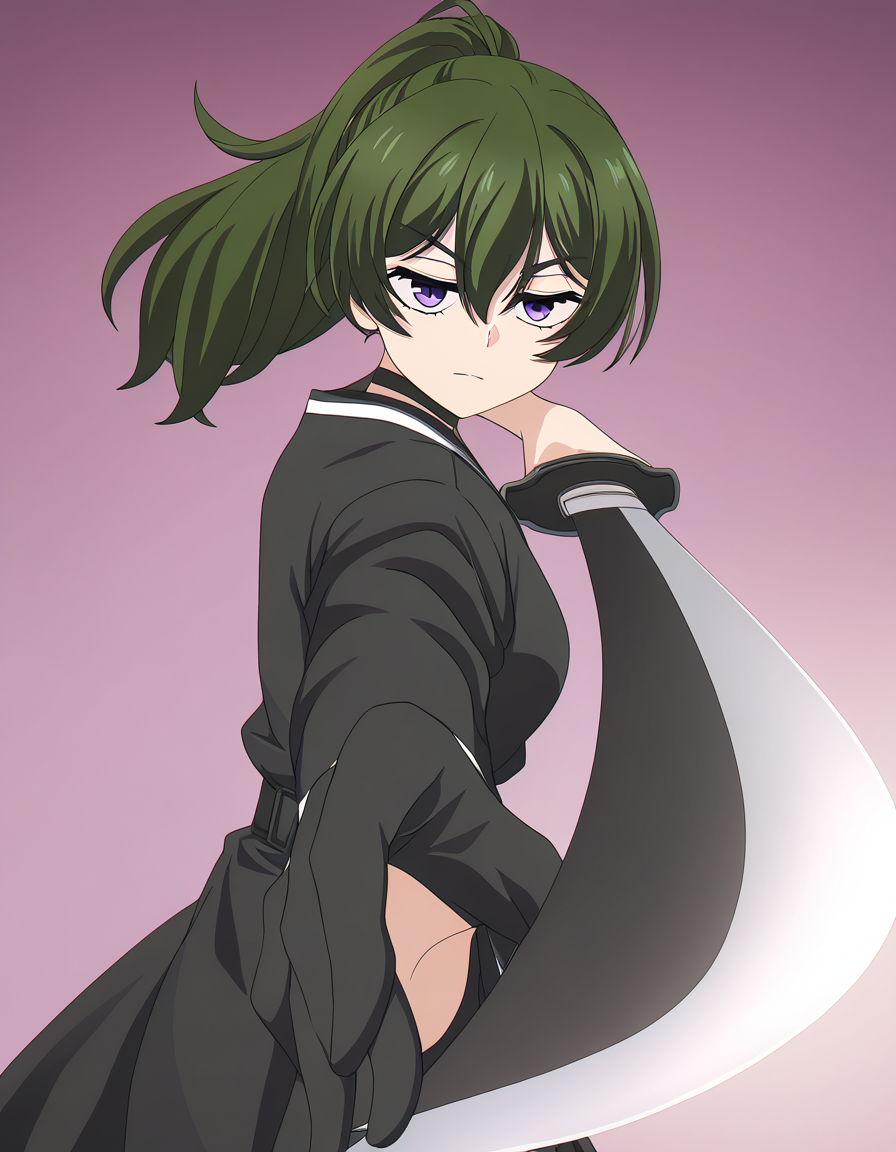 masterpiece, best quality, newest, absurdres, highres, safe,, <lora:ubel-s1-ponyxl-lora-nochekaiser:1> ubel, medium hair, hair between eyes, green hair, side ponytail, purple eyes, medium breasts, anime screencap, <lora:gatotsu-stance-illustriousxl-lora-nochekaiser:1>, gatotsu stance, weapon, sword, katana, holding weapon, holding, holding sword, foreshortening, japanese clothes, kimono, looking at viewer,, ,