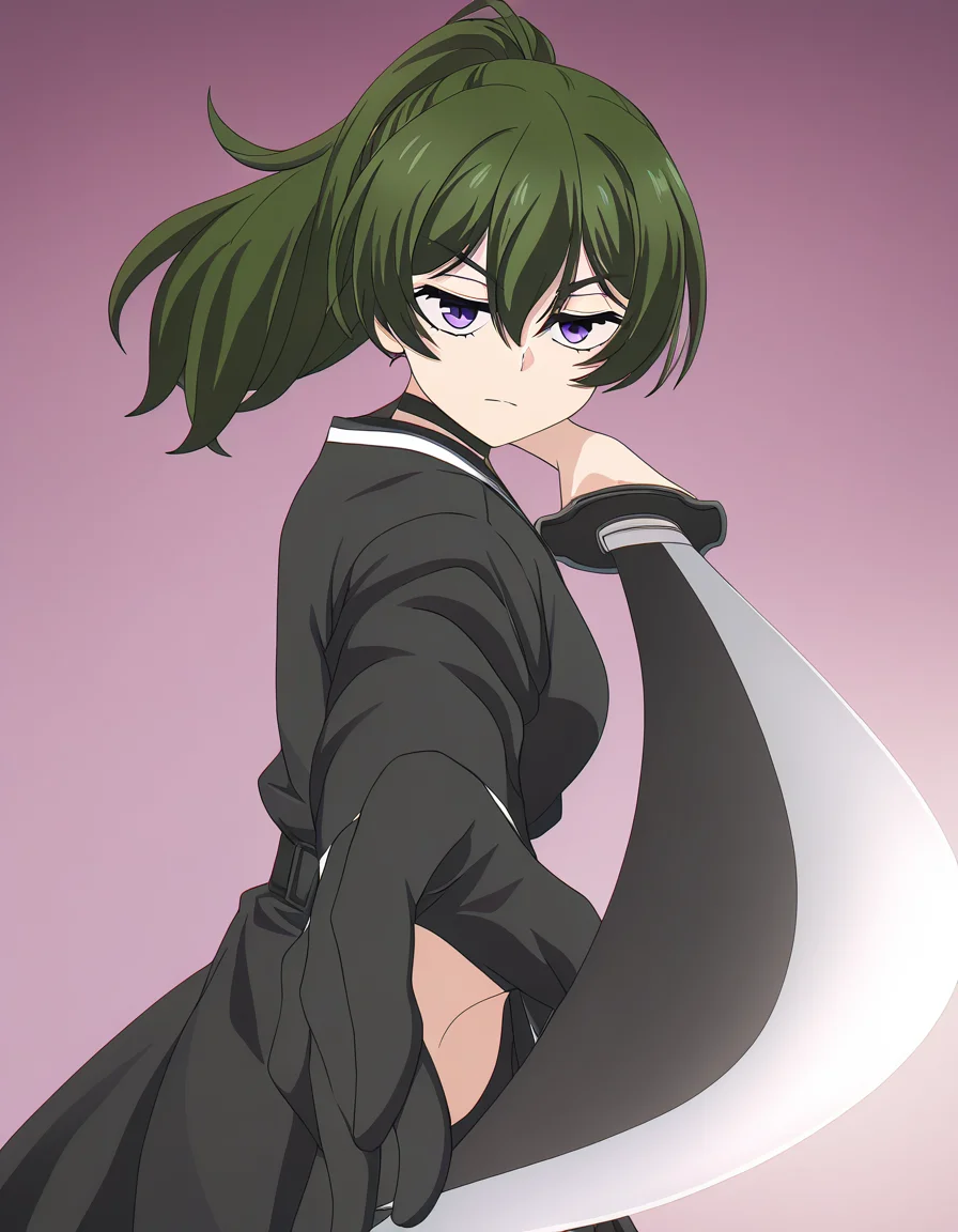 masterpiece, best quality, newest, absurdres, highres, safe,, <lora:ubel-s1-ponyxl-lora-nochekaiser:1> ubel, medium hair, hair between eyes, green hair, side ponytail, purple eyes, medium breasts, anime screencap, <lora:gatotsu-stance-illustriousxl-lora-nochekaiser:1>, gatotsu stance, weapon, sword, katana, holding weapon, holding, holding sword, foreshortening, japanese clothes, kimono, looking at viewer,, ,