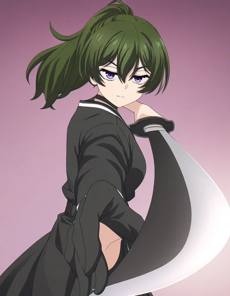 masterpiece, best quality, newest, absurdres, highres, safe,, <lora:ubel-s1-ponyxl-lora-nochekaiser:1> ubel, medium hair, hair between eyes, green hair, side ponytail, purple eyes, medium breasts, anime screencap, <lora:gatotsu-stance-illustriousxl-lora-nochekaiser:1>, gatotsu stance, weapon, sword, katana, holding weapon, holding, holding sword, foreshortening, japanese clothes, kimono, looking at viewer,, ,