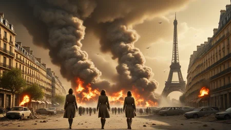 cinematic film still Impressionist painting hyperdetailed photo, Cinematic, post apocalyptic, atom bomb explosion, dystopian photography of destructed city of Paris in France, destroyed city,Collapsing buildings in fire, with effeil tower, as a desert, with a sandstorm in background, (building destroyed:1.2), european cars wreck, trees grow, nature is back, (plane crashing:1.3), one french woman in the center of the picture, (runing towards horizon:1.2), looking at the horizon, dressed as a military woman, hyper detailed, Lightning light . Loose brushwork, vibrant color, light and shadow play, captures feeling over form . shallow depth of field, vignette, highly detailed, high budget, bokeh, cinemascope, moody, epic, gorgeous, film grain, grainy