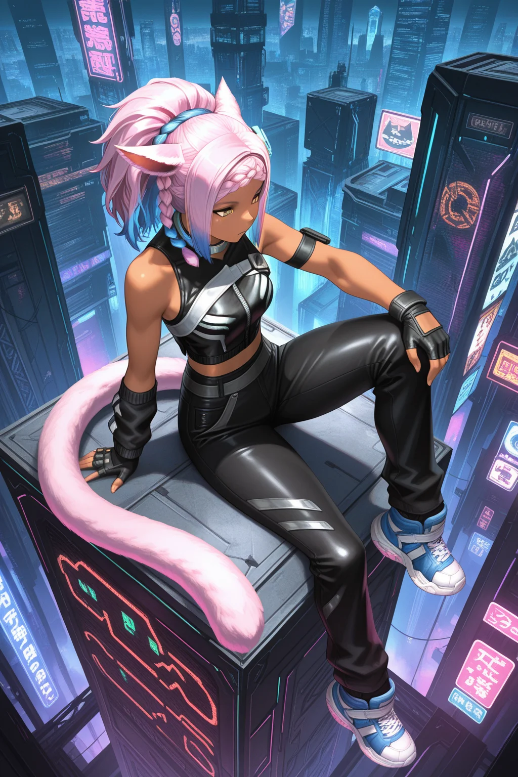 masterpiece, best quality, amazing quality, absurdres, eutropecatgirl, dark skin, dark-skinned female, two-tone hair, side braid, pink hair, blue hair, yellow eyes, cat ears, cat tail, solo, serious, sitting, arm on knee, looking down, very wide shot, from above, black top, fingerless gloves, black pants, sneakers, outdoors, science fiction, neon lights, cityscape, skyscrapers