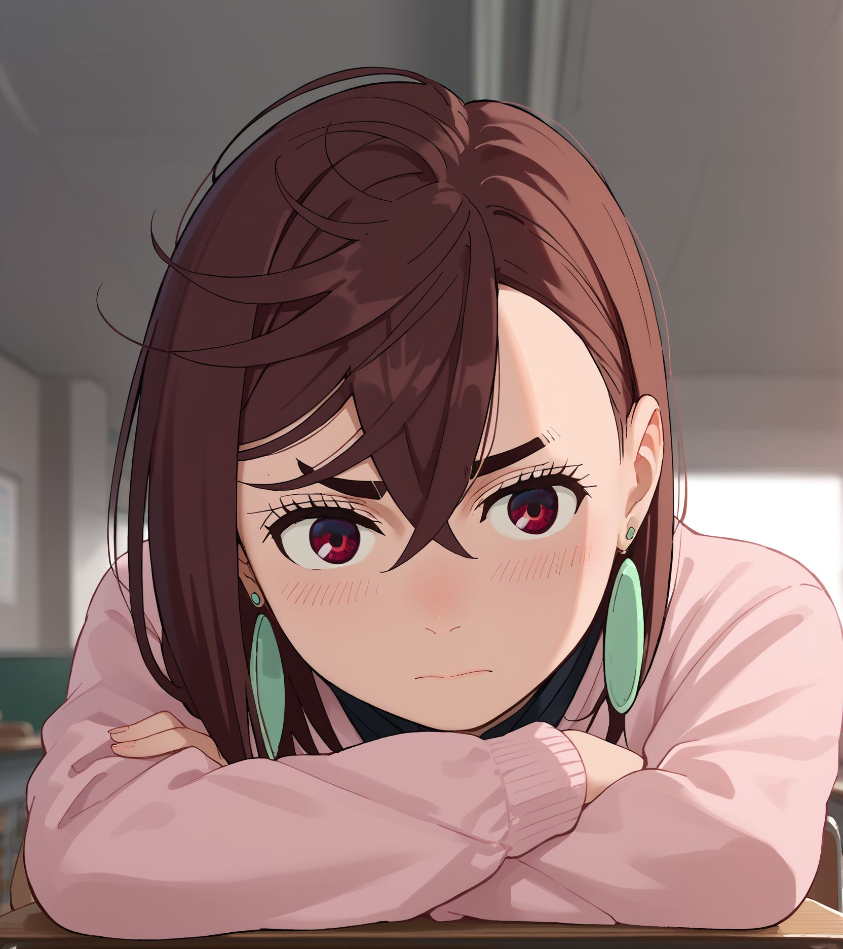 score_9,score_8_up,score_7_up,masterpiece, best quality, <lora:WHM 0.2v:0.5>, WHM, 2D,anime,  
1girl, arm rest,embarrassed, blush, school desk, classroom, sitting,  
closed mouth, 
BREAK
 ayase_momo, 1girl, earrings, jewelry, solo, brown hair, looking at viewer, red eyes, close-up, crossed bangs, hair between eyes, brown eyes, looking down <lora:momo_ayase_dandadan:1>