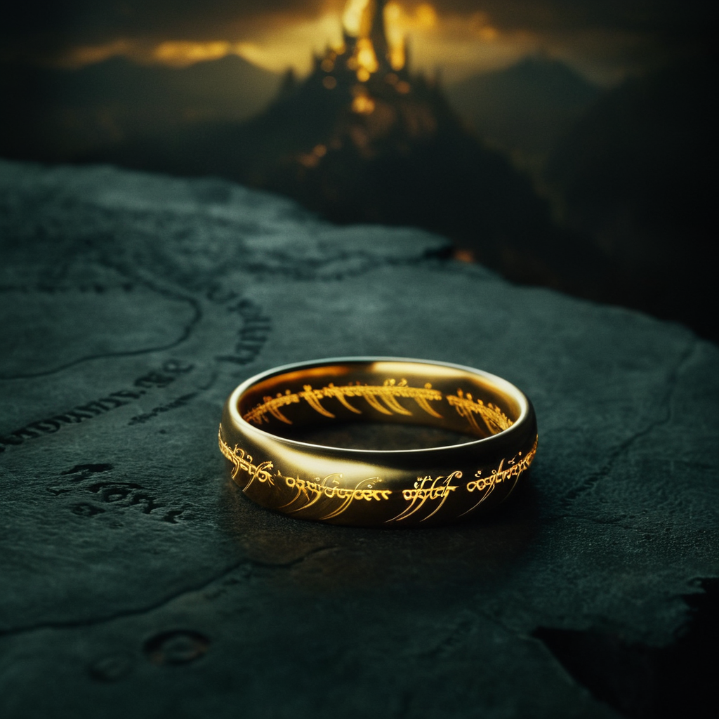 cinematic film still of  <lora:The Lord of the Rings style v2:1>
In a Fantasy Middle-earth world in the dark ages The One Ring a gold ring with the lord's ring on it,the Ruling Ring and Isildur's Bane,signature,blurry,english text,cup,no humans,blurry background,bowl,saucer,coffee,food focus,still life , dramatic light, dramatic shadow light, film contrast, cinematic film color, cinematic film look, filmic, realistic, realism, perfection, perfect, movie still, fantasy drama, epic drama, fictional, Age of Wonders, Age of Empires, warriors,  Medieval style, middle ages, dungeons and dragons style, different people, different, unique, kingdoms and castles, violent, aggressive, detailed, perfection, detailed face, detailed body, detailed hands, detailed eyes, sharp, horror themed, dark themed, epic fantasy adventure film style, Legendary, mythical, The Lord of the Rings style, shallow depth of field, vignette, highly detailed, high budget, bokeh, cinemascope, moody, epic, gorgeous, film grain, grainy