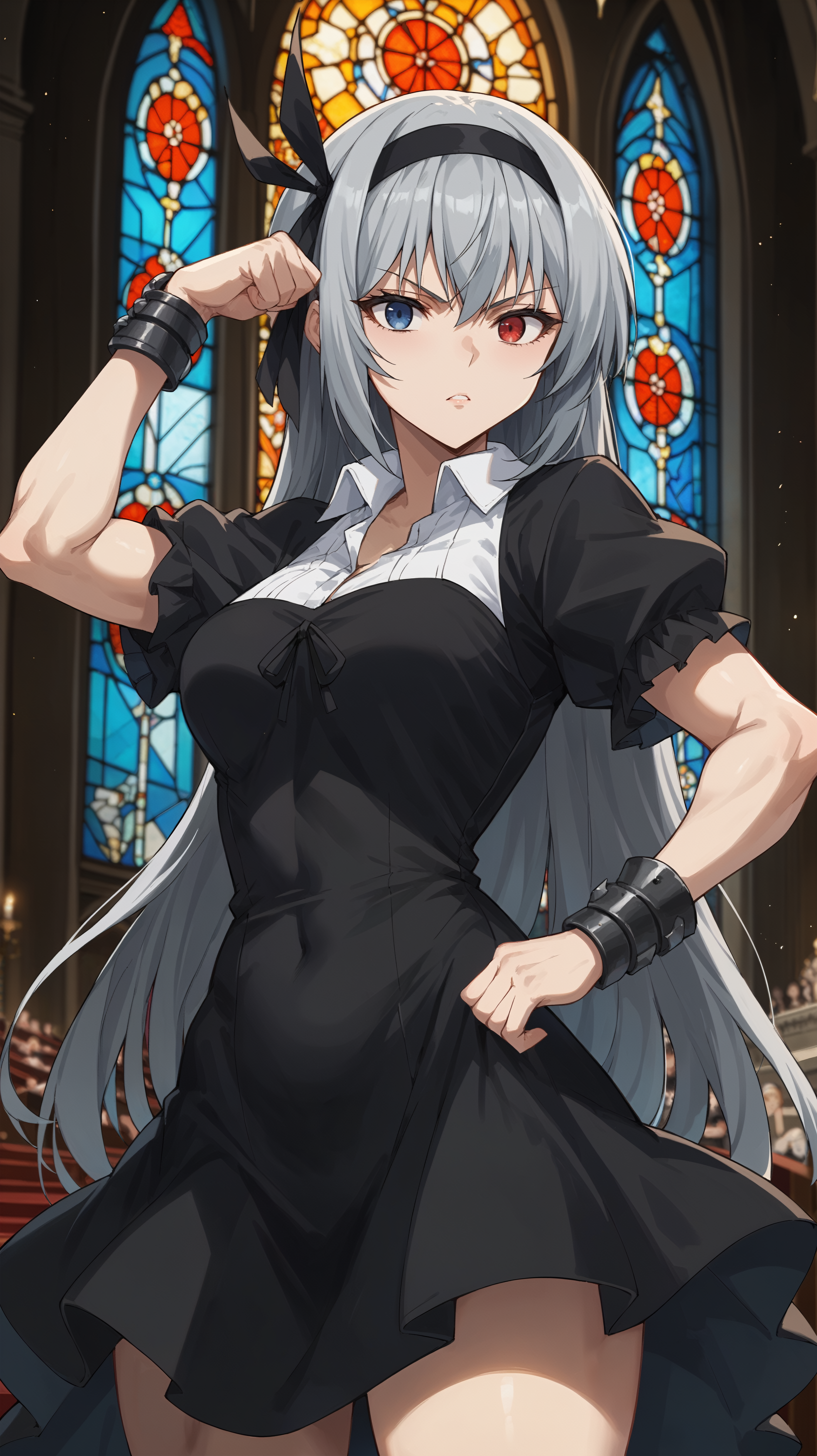 score_9,score_8_up,score_7_up,score_6_up, <lora:xl_more_art-full_v1:0.5>, source_anime, girl, dynamic pose, flexing, <lora:Luminous Valentine - Pony:0.8>, long hair, grey hair, heterochromia, red eye, blue eye, black dress, short dress, white collar, black hair ribbon, black hairband, black arm guards, short sleeves, gothic architecture, church, stained glass,