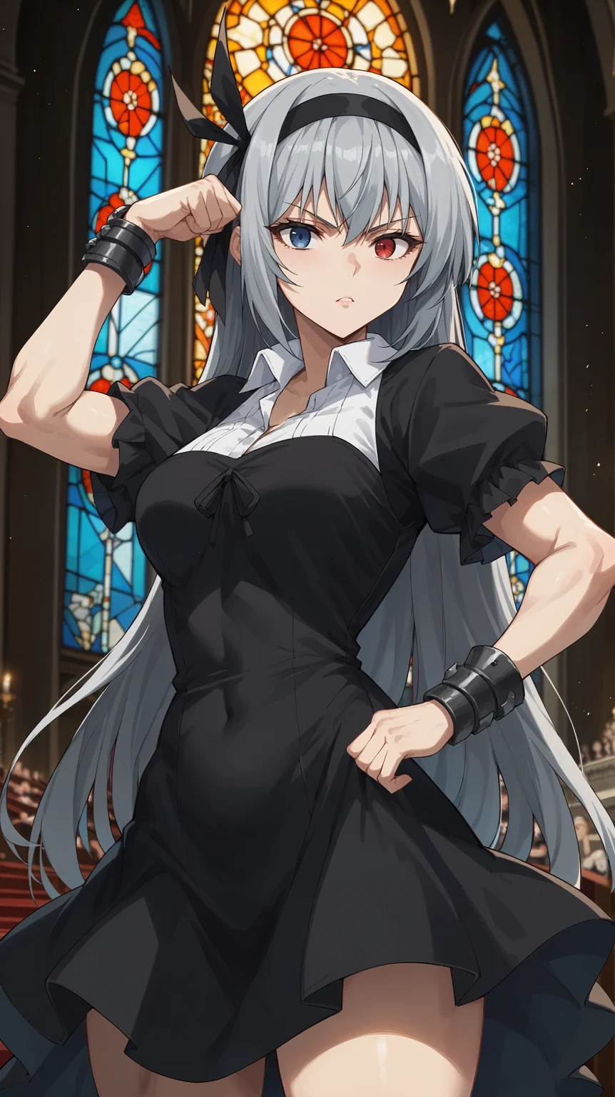 score_9,score_8_up,score_7_up,score_6_up, <lora:xl_more_art-full_v1:0.5>, source_anime, girl, dynamic pose, flexing, <lora:Luminous Valentine - Pony:0.8>, long hair, grey hair, heterochromia, red eye, blue eye, black dress, short dress, white collar, black hair ribbon, black hairband, black arm guards, short sleeves, gothic architecture, church, stained glass,