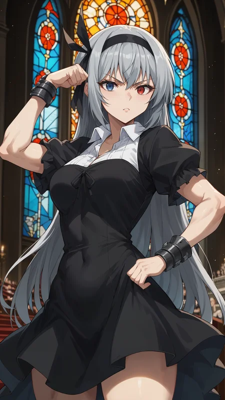 score_9,score_8_up,score_7_up,score_6_up, <lora:xl_more_art-full_v1:0.5>, source_anime, girl, dynamic pose, flexing, <lora:Luminous Valentine - Pony:0.8>, long hair, grey hair, heterochromia, red eye, blue eye, black dress, short dress, white collar, black hair ribbon, black hairband, black arm guards, short sleeves, gothic architecture, church, stained glass,