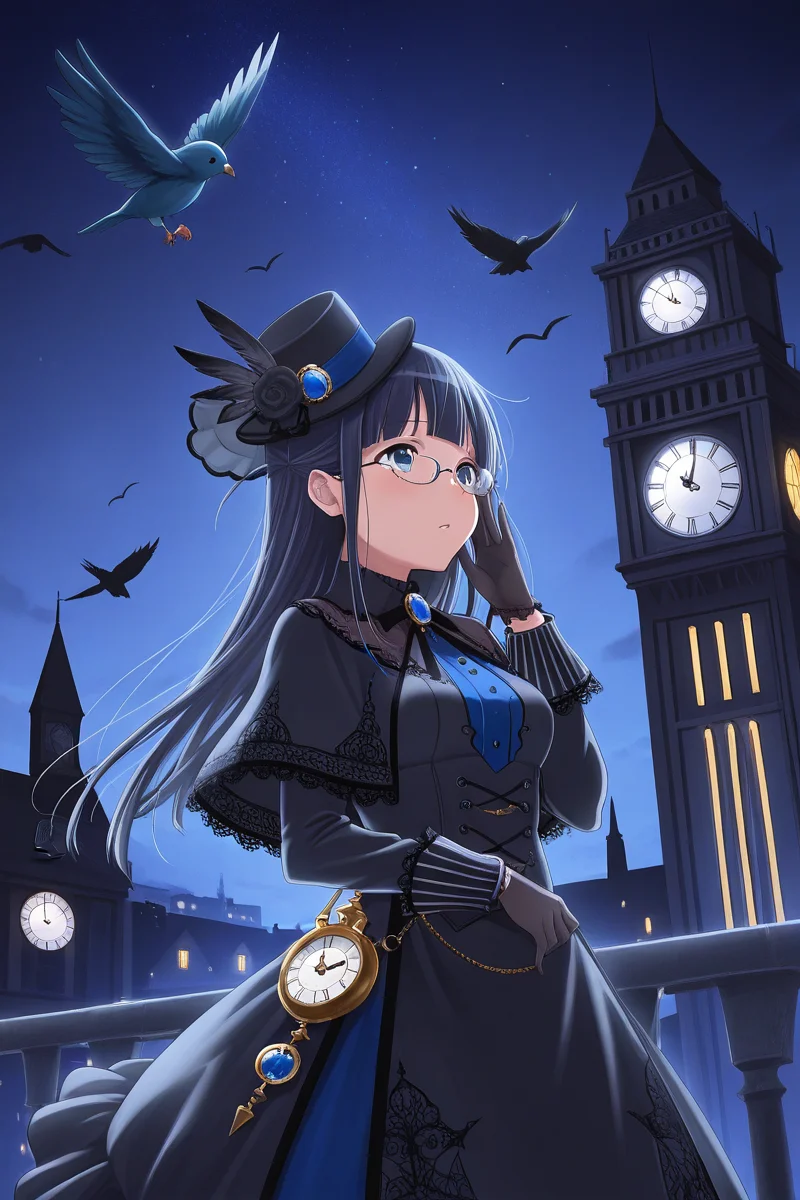 masterpiece, best quality, amazing quality,
<lora:Mahiru_IL:1> mahiru, 1girl, bird, clock, hat, long hair, glasses, night, gloves, solo, dress, sky, clock tower, blue eyes, night sky, black gloves