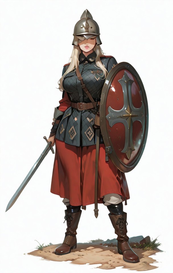 hyper-detailed, modernretroanime, Anime, anime screencap, cel shading,  dramatic, sharp detail, mature female, Full-body illustration of female soldier, largebreasts, wide hips, thighs, thick thighs, atheltic female, luscious lips, wearing a detailed Niederbieber-type helmet with cross-pattern reinforcing ridges and cheek guards that can be fastened together. She wields a Spatha sword (900mm/36 inches), historically used by cavalry in the 1st and 2nd centuries. She also carries a spiculum, a heavy pilum-type javelin. She wears chain mail, an oval shield, a long-sleeved tunic, trousers, and boots, historically accurate to 3rd-4th century Roman infantry. The helmet style transitions toward an Intercisa-type. She has an hourglass physique, wide hips, luscious lips, and long flowing hair, exuding both beauty and strength. One leg is positioned straight to the side, with her foot resting on her shoulder, showcasing flexibility and power. Ultra-detailed, cinematic lighting, historical realism, 8K, dramatic pose, dynamic composition, artist:moriimee