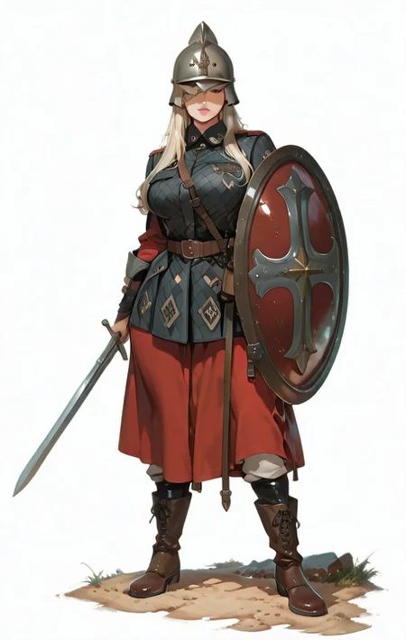 hyper-detailed, modernretroanime, Anime, anime screencap, cel shading, dramatic, sharp detail, mature female, Full-body illustration of female soldier, largebreasts, wide hips, thighs, thick thighs, atheltic female, luscious lips, wearing a detailed Niederbieber-type helmet with cross-pattern reinforcing ridges and cheek guards that can be fastened together. She wields a Spatha sword (900mm/36 inches), historically used by cavalry in the 1st and 2nd centuries. She also carries a spiculum, a heavy pilum-type javelin. She wears chain mail, an oval shield, a long-sleeved tunic, trousers, and boots, historically accurate to 3rd-4th century Roman infantry. The helmet style transitions toward an Intercisa-type. She has an hourglass physique, wide hips, luscious lips, and long flowing hair, exuding both beauty and strength. One leg is positioned straight to the side, with her foot resting on her shoulder, showcasing flexibility and power. Ultra-detailed, cinematic lighting, historical realism, 8K, dramatic pose, dynamic composition, artist:moriimee
