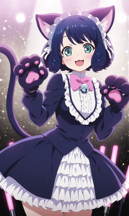 masterpiece, best quality, curvy, beautiful eyes, zzcyanhijirikawa, 1girl, looking at viewer, female focus, animal ears, cat girl, cat ears, tail, gloves, solo, striped clothes, cat tail, animal hands, paw gloves, smile, open mouth, bow, bell, :3, :d, dress, black hair, cat paws, kemonomimi mode, curly hair, bowtie, paw pose, fashion, maid headdress, short hair, frills, jingle bell, long sleeves, blue hair, green eyes, frilled dress, glowstick, aqua eyes, black dress, pink bow, gothic, animal ear fluff, blush, aqua eyes,