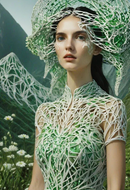 woman, standing, looking at viewer, mountains, wearing HUD_shmrck, made of delicate shamrock leaves intricately woven together, clean face, creating a whimsical and ethereal look, highly detailed. Masterpiece, HD, 3D