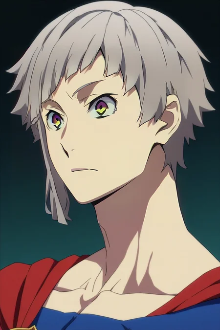 score_9, score_8_up, score_7_up, source_anime, semi-realistic, , upper body, , 1boy, solo, male focus, <lora:atsushi_nakajima_pony:1>, atsushi_nakajima, grey hair, yellow eyes, multicolored eyes, purple eyes, short hair, superman costume, The Palace of Dreams, , <lora:sdxl_lightning_8step_lora:1>