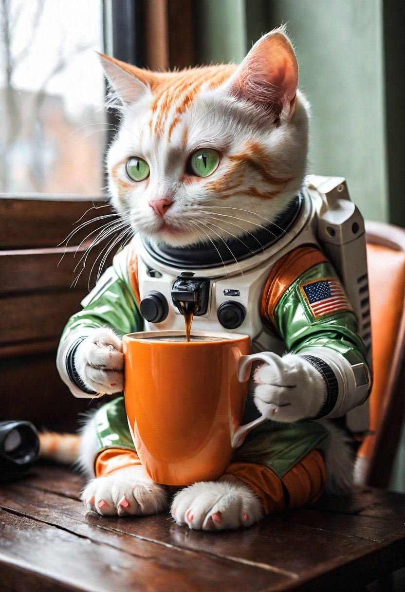 photo-realistic,
higly-detailed,
cat wearing a futuristic space suit,
serious expresssion
a orange and white kitty sipping a mug of hot coffee holding it with it's two front paws,
lapping up the coffee as if it were drinking water,
light green eyes,