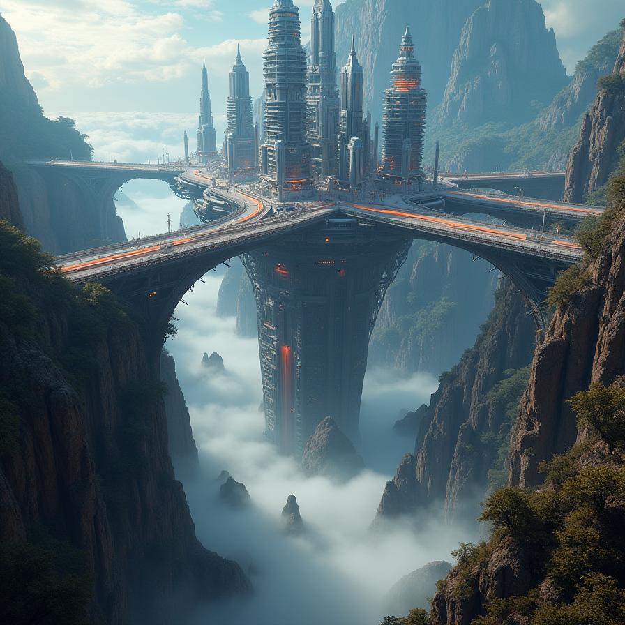 The image depicts a sprawling futuristic city suspended beneath an enormous artificial arch,stretching across a vast canyon. Towering skyscrapers hang from reinforced megastructures,their foundations inverted,defying gravity. A dense network of illuminated walkways,transit tubes,and suspended highways connects the cityâs districts,glowing with vibrant neon. Below,mist swirls through the canyon,partially obscuring ancient rock formations and remnants of old civilizations. High above,enormous solar collectors and atmospheric processors harness energy and sustain the metropolis,blending cutting-edge engineering with the raw beauty of nature.,