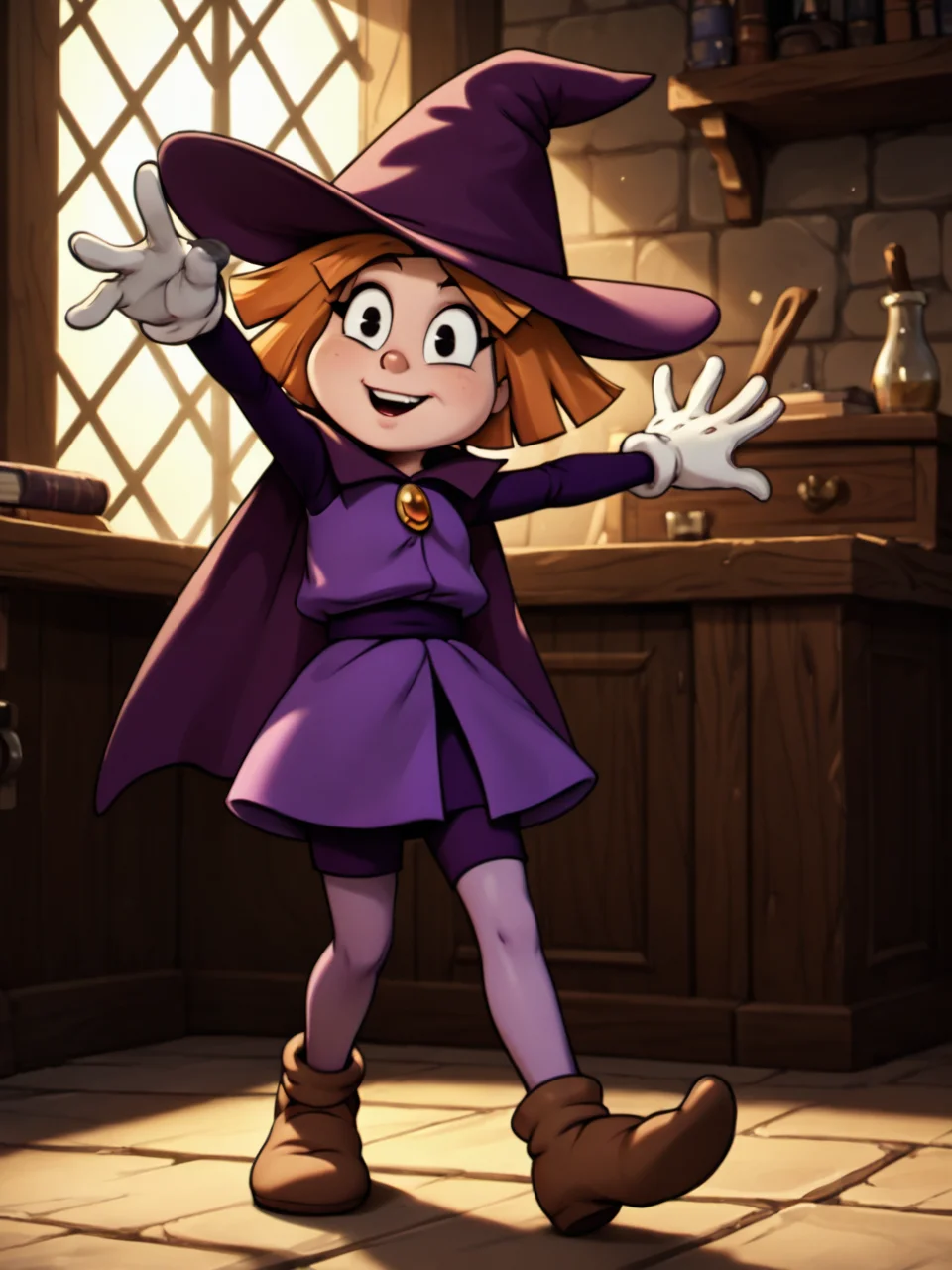 score_9, score_8_up, score_7_up, score_6_up, BREAK, P3nny, 1girl, solo, orange hair, short hair, witch hat, purple hat, black eyes, purple dress, purple cape, purple pantyhose, white gloves, brown footwear, looking at viewer <lora:Penny-000009:1>