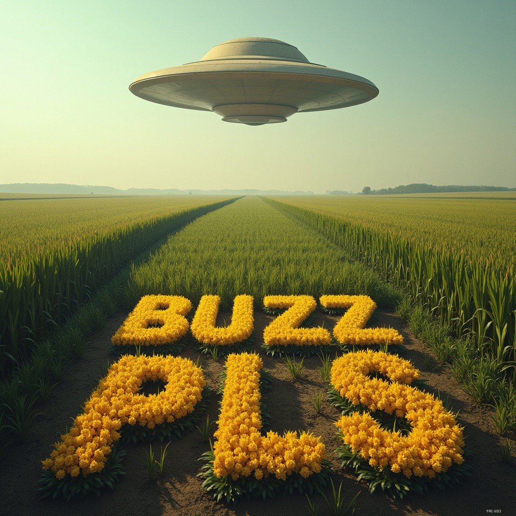 a farm crop and a ufo in the distance, emblazoned on the ground in bold, yellow letters saying "BUZZ PLS"