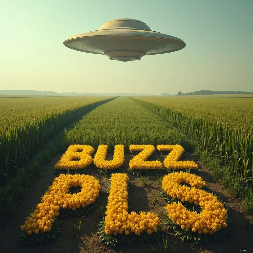 a farm crop and a ufo in the distance, emblazoned on the ground in bold, yellow letters saying "BUZZ PLS"